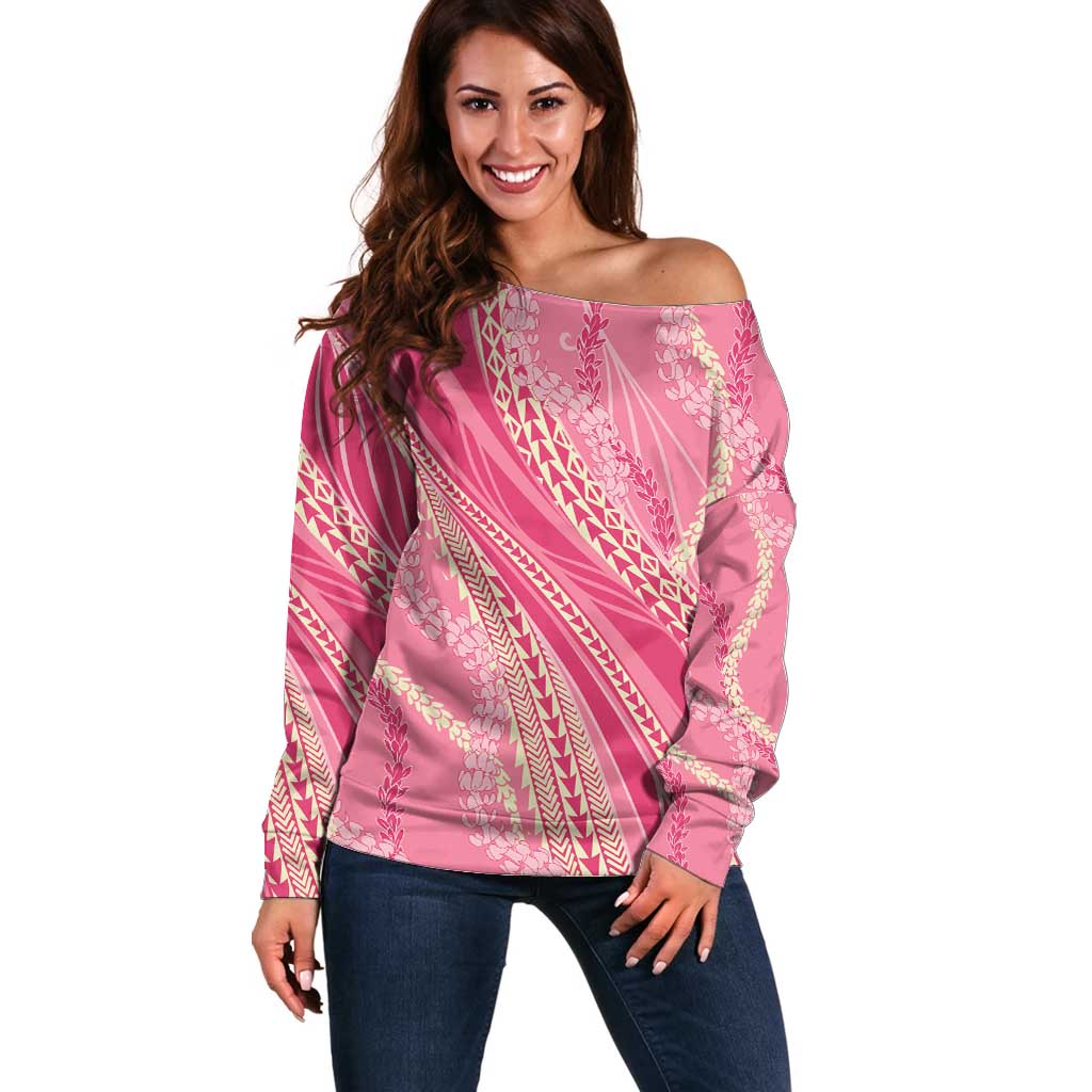 Polynesian Puakeniken Pikake Twisted Lei Off Shoulder Sweater Rose Pink - Polynesian Pride