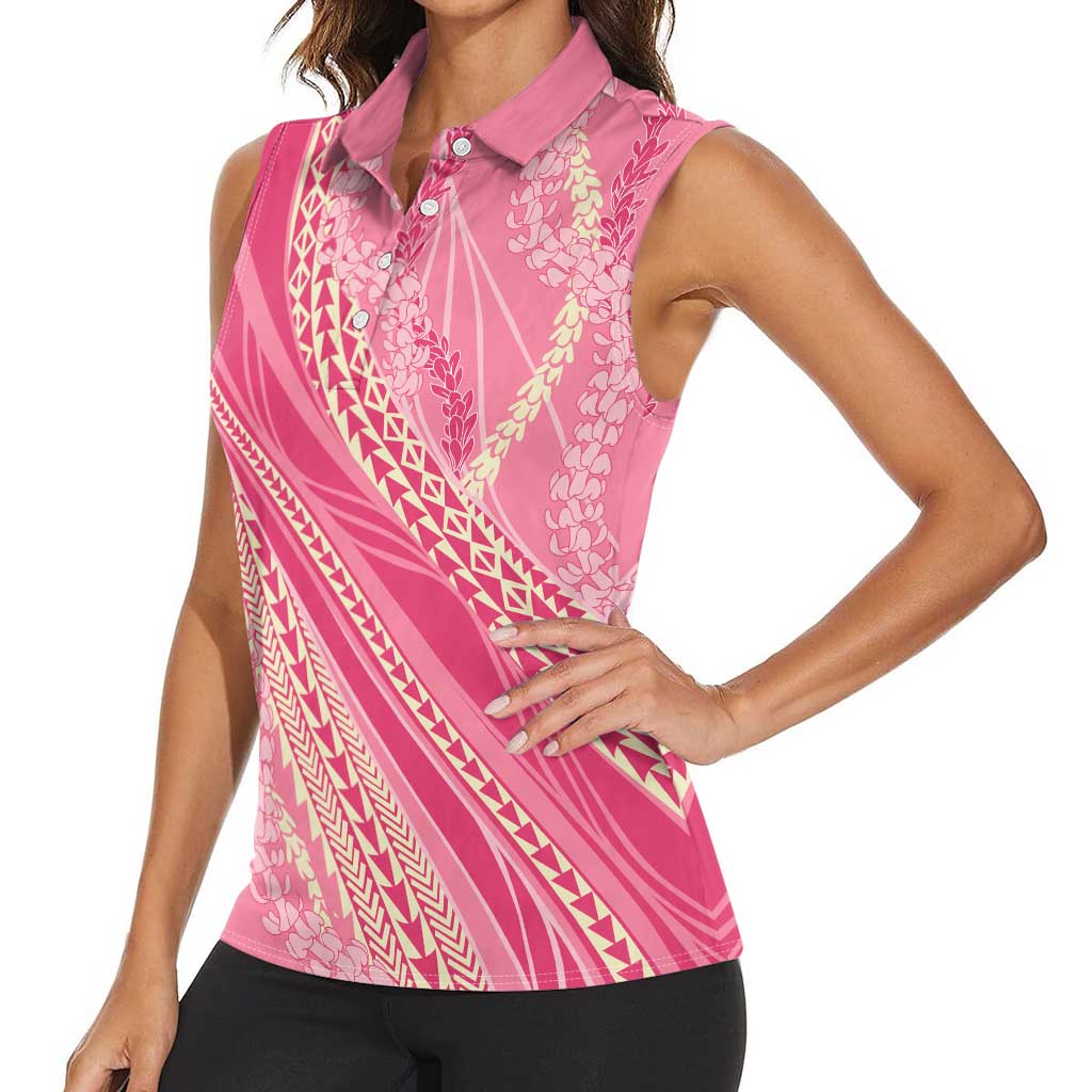 Polynesian Puakeniken Pikake Twisted Lei Women Sleeveless Polo Shirt Rose Pink - Polynesian Pride