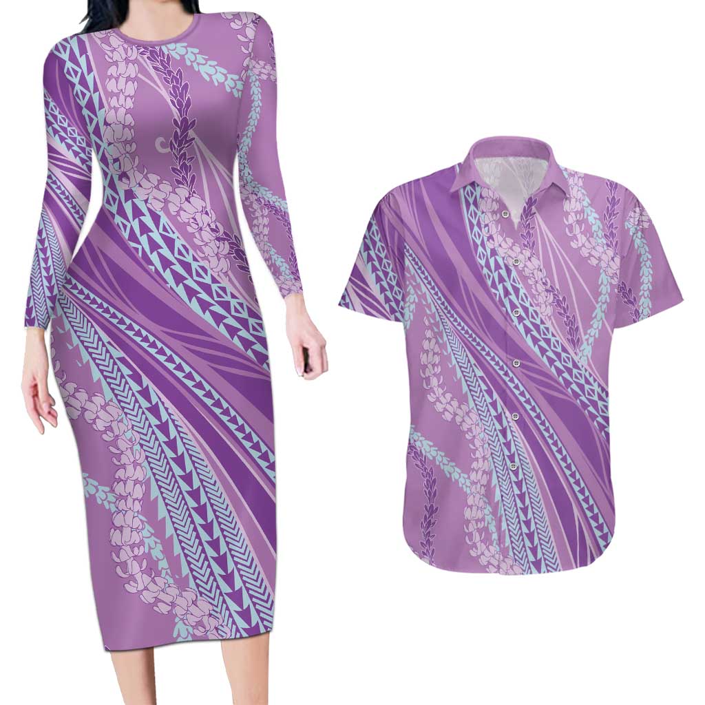 Polynesian Puakeniken Pikake Twisted Lei Couples Matching Long Sleeve Bodycon Dress and Hawaiian Shirt Amethys - Polynesian Pride