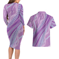 Polynesian Puakeniken Pikake Twisted Lei Couples Matching Long Sleeve Bodycon Dress and Hawaiian Shirt Amethys - Polynesian Pride