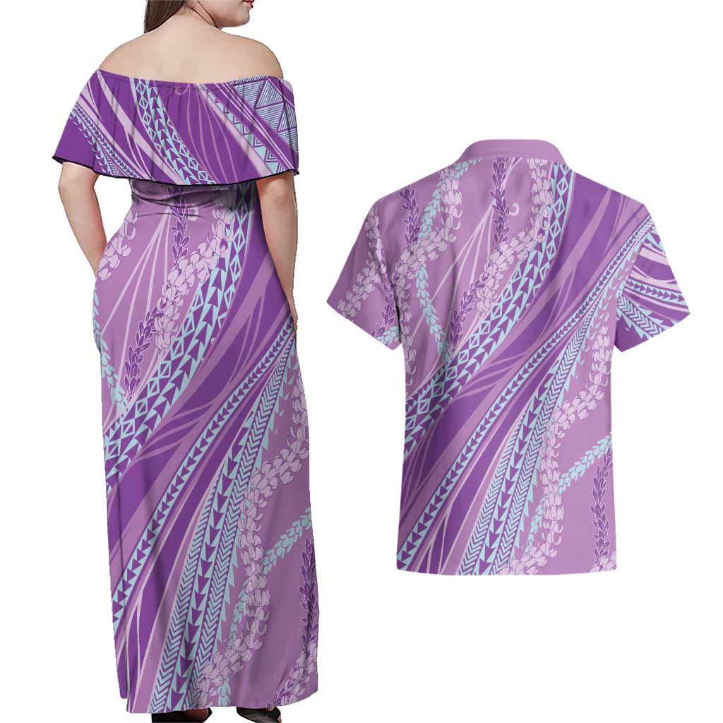 Polynesian Puakeniken Pikake Twisted Lei Couples Matching Off Shoulder Maxi Dress and Hawaiian Shirt Amethys - Polynesian Pride