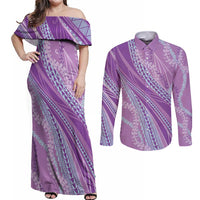 Polynesian Puakeniken Pikake Twisted Lei Couples Matching Off Shoulder Maxi Dress and Long Sleeve Button Shirt Amethys LT7 Amethys - Polynesian Pride