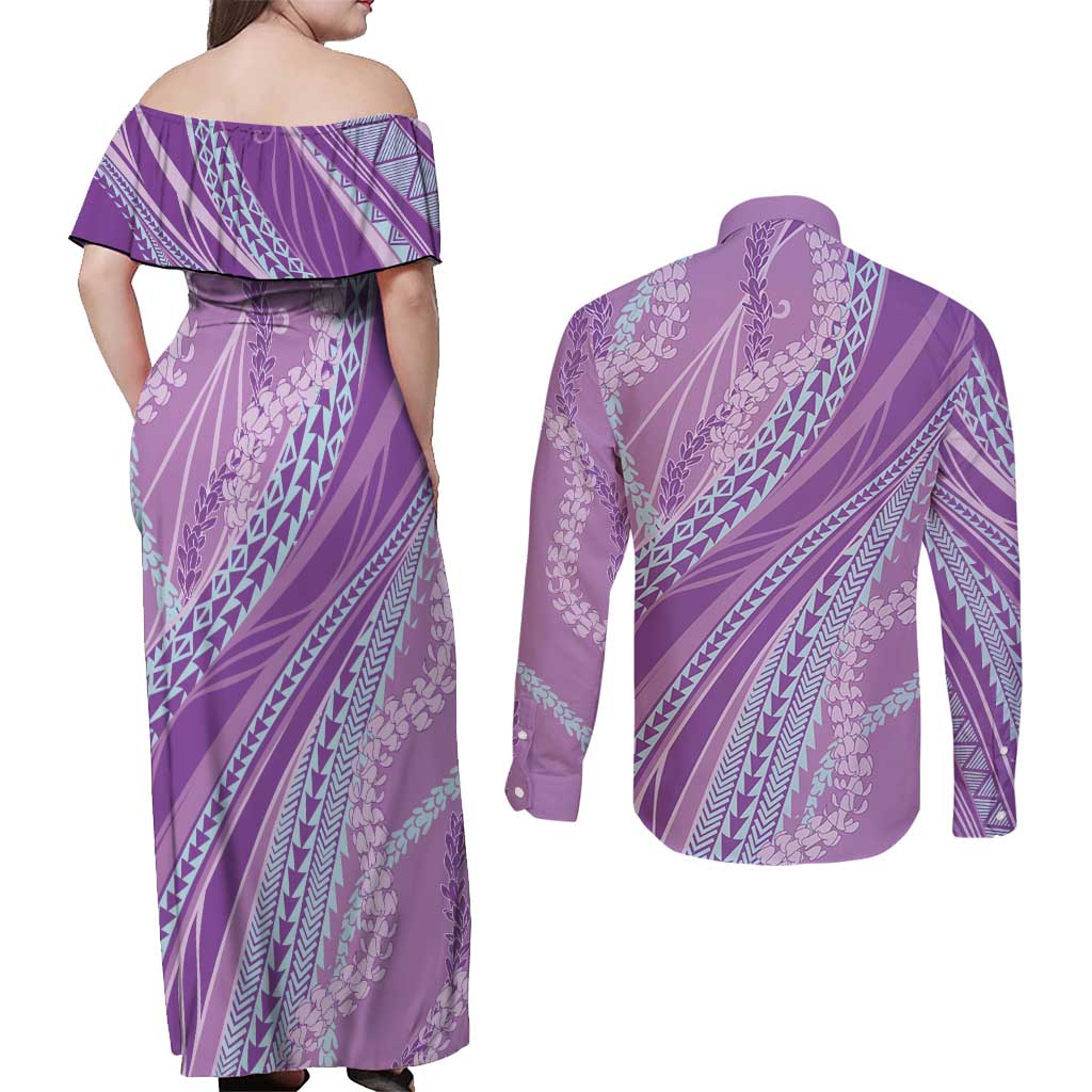 Polynesian Puakeniken Pikake Twisted Lei Couples Matching Off Shoulder Maxi Dress and Long Sleeve Button Shirt Amethys LT7 - Polynesian Pride