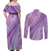 Polynesian Puakeniken Pikake Twisted Lei Couples Matching Off Shoulder Maxi Dress and Long Sleeve Button Shirt Amethys LT7 - Polynesian Pride