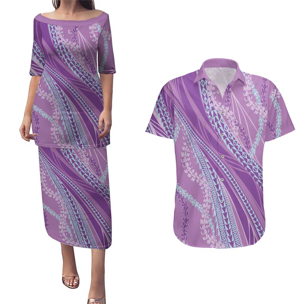Polynesian Puakeniken Pikake Twisted Lei Couples Matching Puletasi and Hawaiian Shirt Amethys - Polynesian Pride