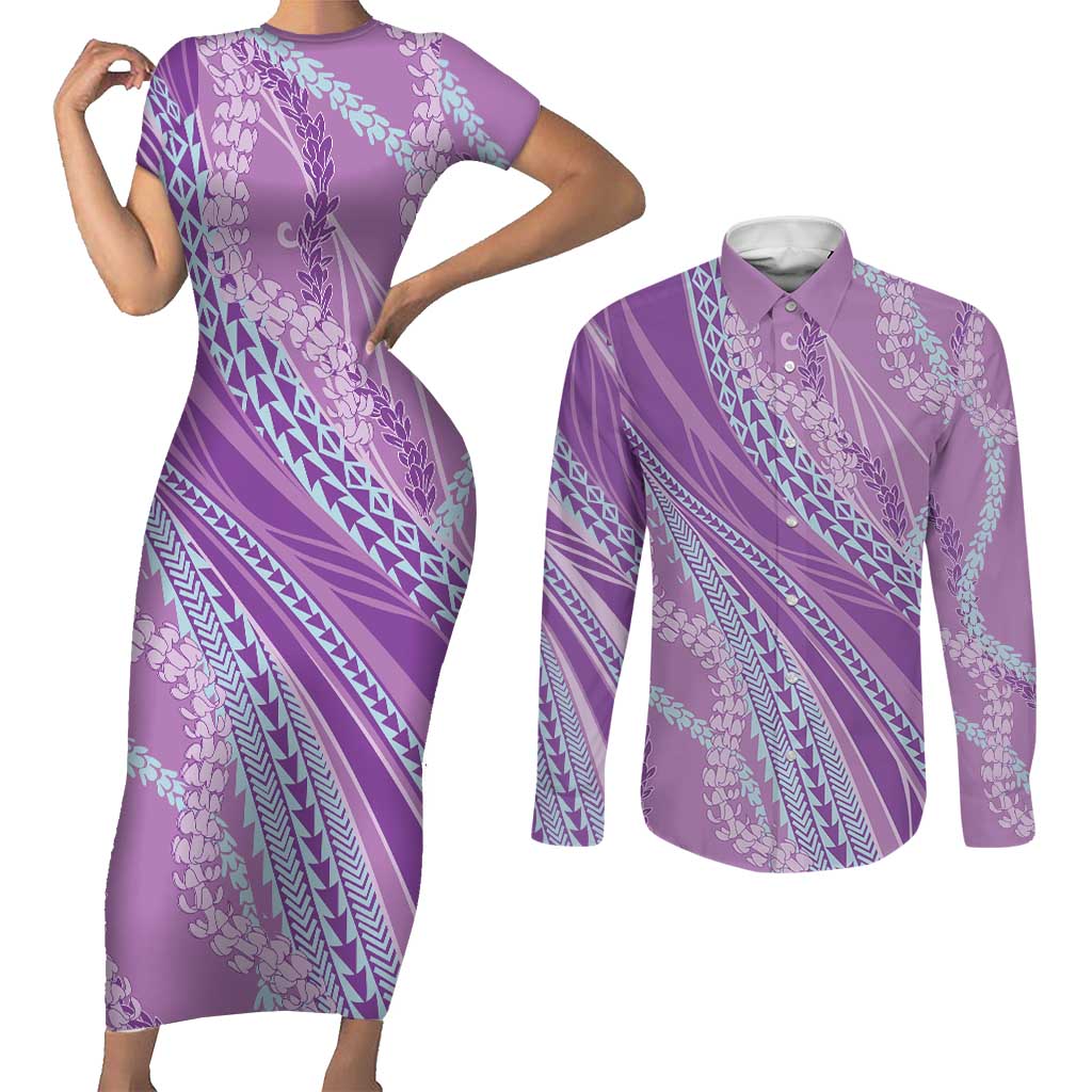 Polynesian Puakeniken Pikake Twisted Lei Couples Matching Short Sleeve Bodycon Dress and Long Sleeve Button Shirt Amethys - Polynesian Pride