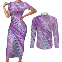 Polynesian Puakeniken Pikake Twisted Lei Couples Matching Short Sleeve Bodycon Dress and Long Sleeve Button Shirt Amethys - Polynesian Pride