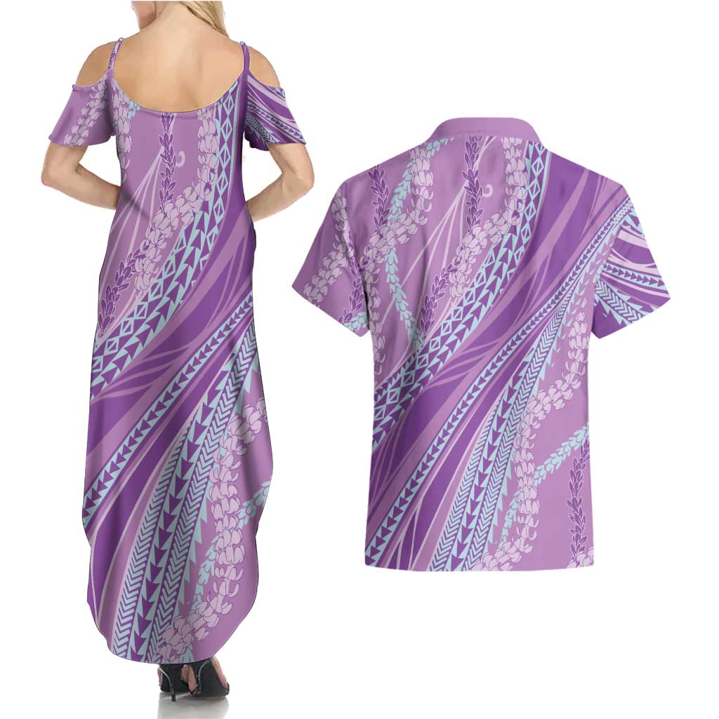 Polynesian Puakeniken Pikake Twisted Lei Couples Matching Summer Maxi Dress and Hawaiian Shirt Amethys - Polynesian Pride