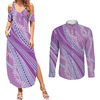 Polynesian Puakeniken Pikake Twisted Lei Couples Matching Summer Maxi Dress and Long Sleeve Button Shirt Amethys - Polynesian Pride
