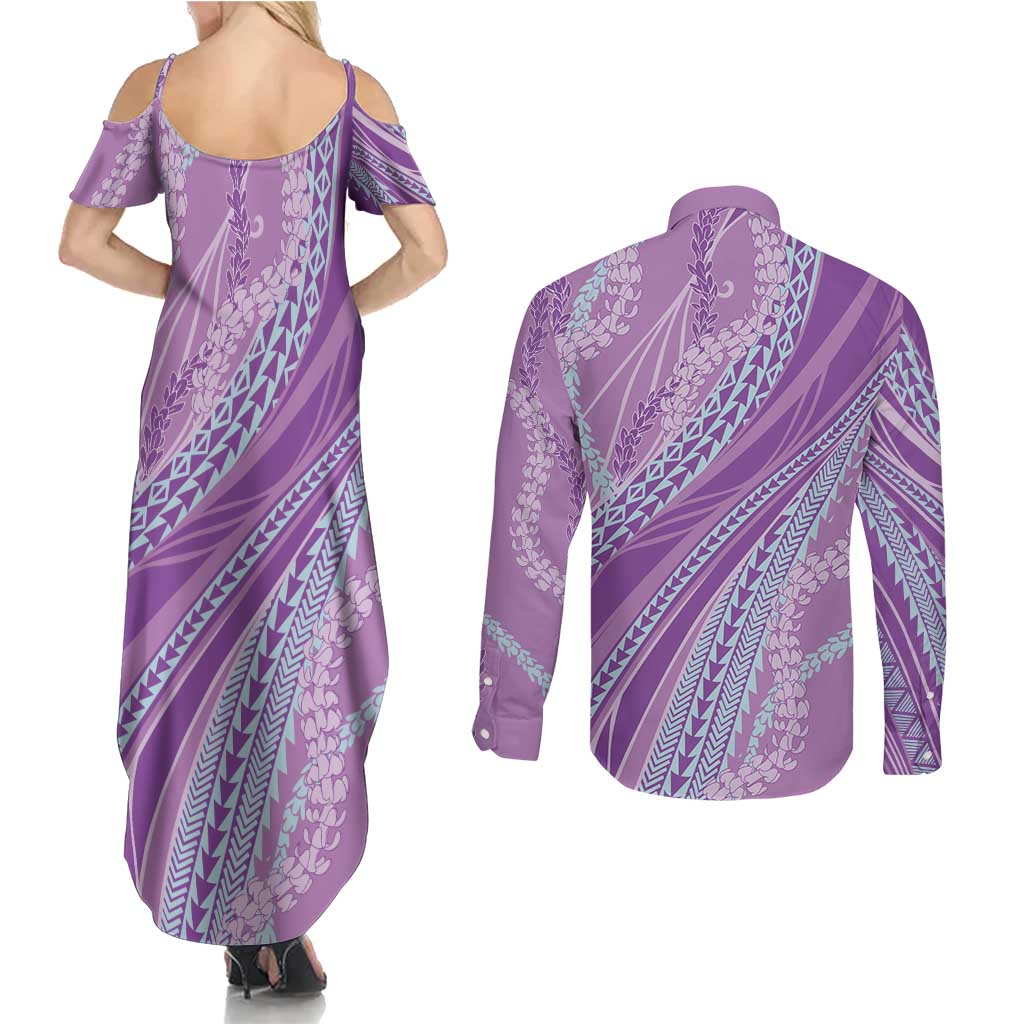 Polynesian Puakeniken Pikake Twisted Lei Couples Matching Summer Maxi Dress and Long Sleeve Button Shirt Amethys - Polynesian Pride