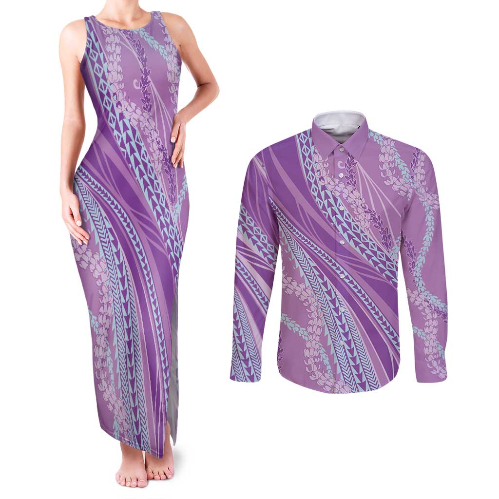 Polynesian Puakeniken Pikake Twisted Lei Couples Matching Tank Maxi Dress and Long Sleeve Button Shirt Amethys LT7 Amethys - Polynesian Pride