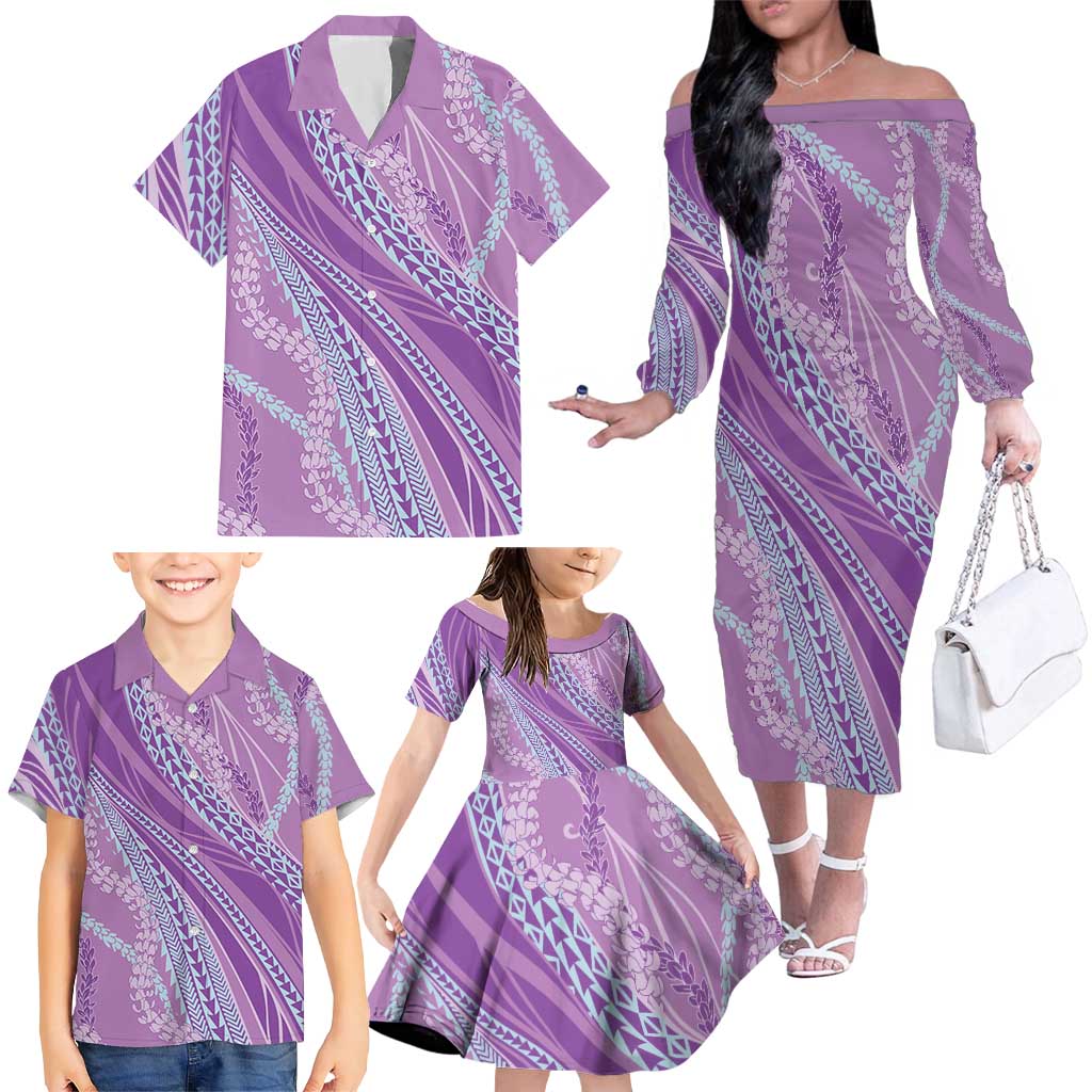 Polynesian Puakeniken Pikake Twisted Lei Family Matching Off The Shoulder Long Sleeve Dress and Hawaiian Shirt Amethys - Polynesian Pride