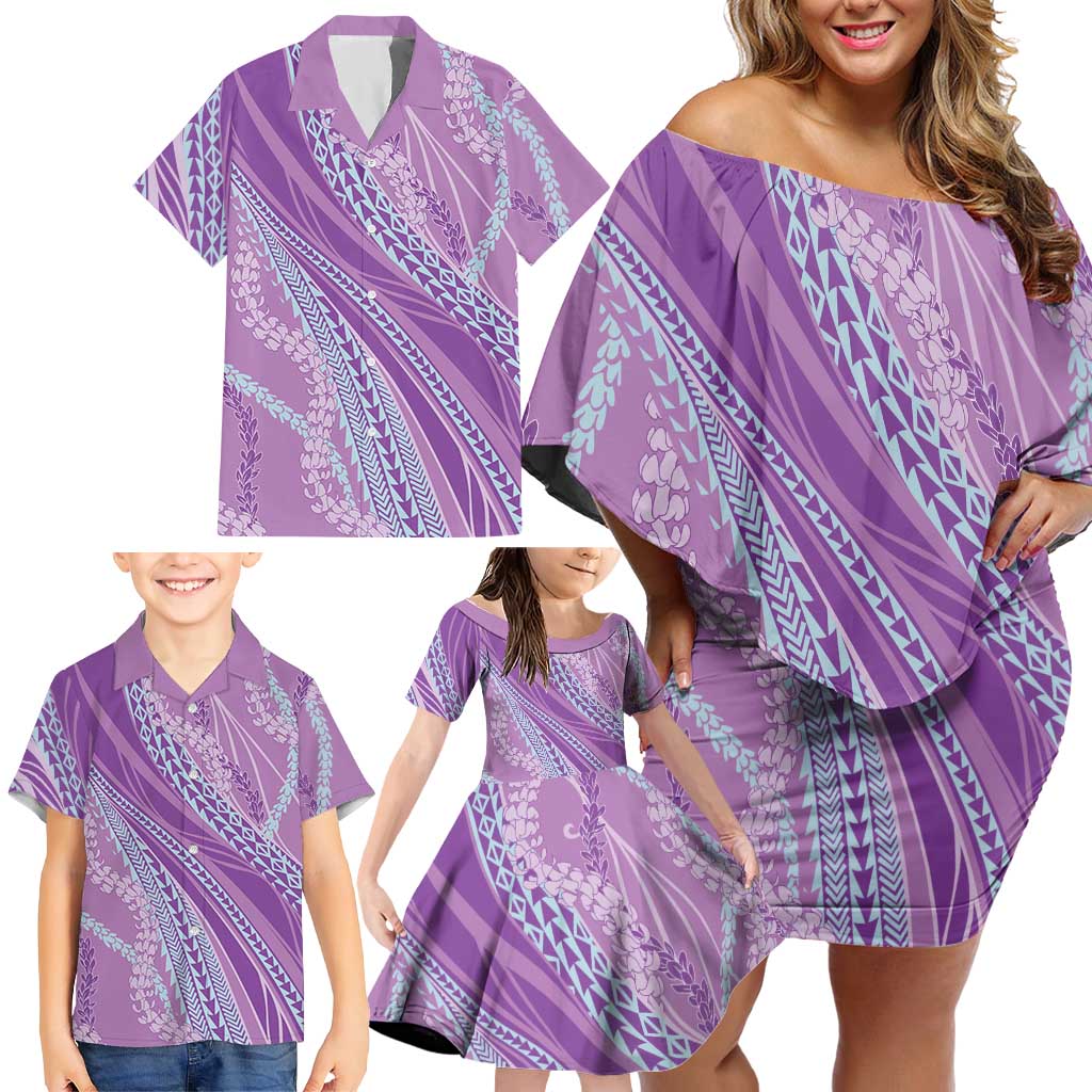Polynesian Puakeniken Pikake Twisted Lei Family Matching Off Shoulder Short Dress and Hawaiian Shirt Amethys - Polynesian Pride