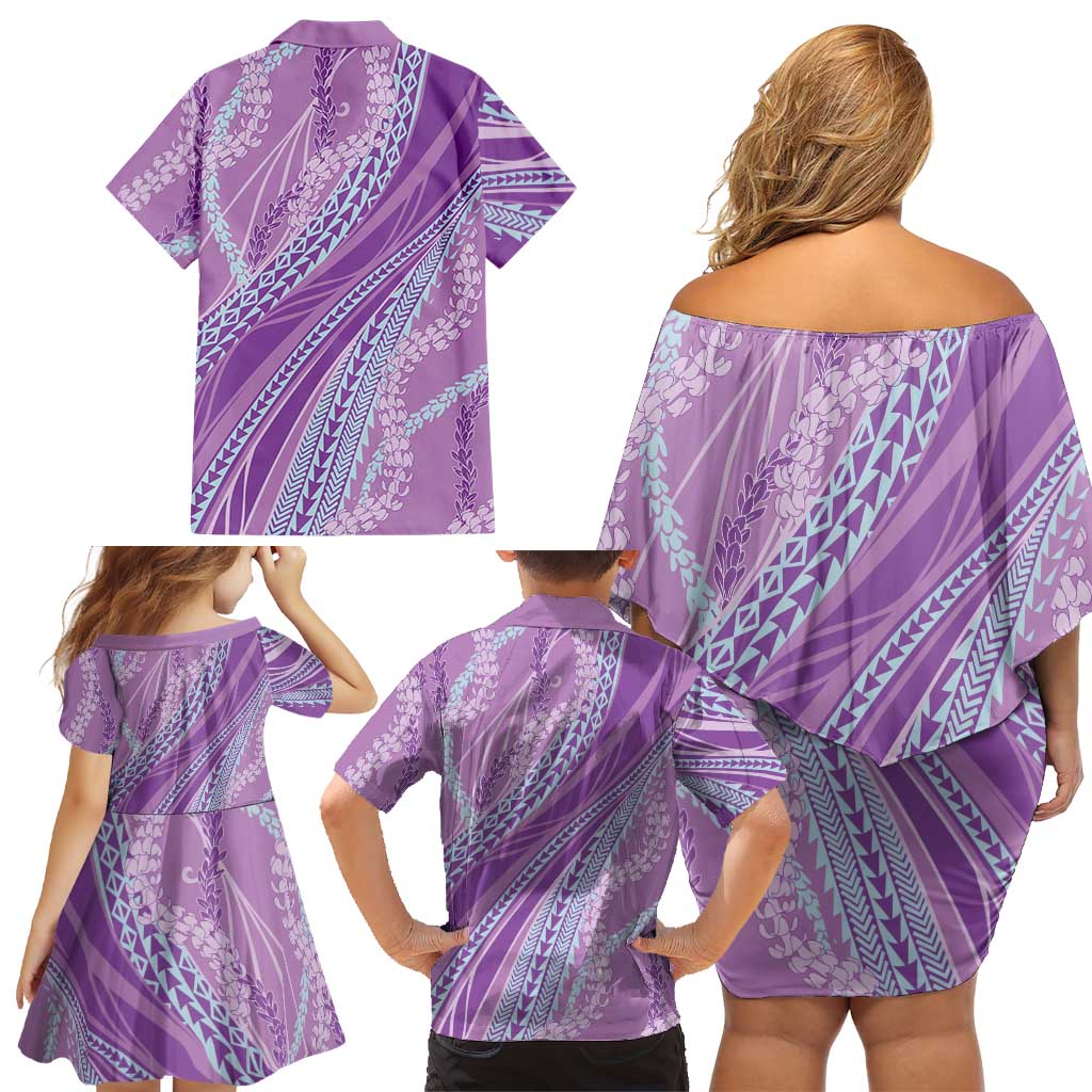 Polynesian Puakeniken Pikake Twisted Lei Family Matching Off Shoulder Short Dress and Hawaiian Shirt Amethys - Polynesian Pride