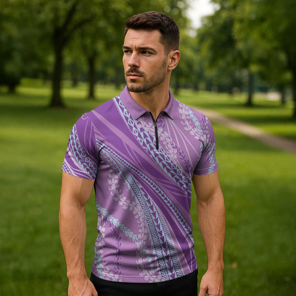 Polynesian Puakeniken Pikake Twisted Lei Zipper Polo Shirt Amethys - Polynesian Pride