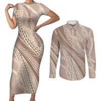 Polynesian Puakeniken Pikake Twisted Lei Couples Matching Short Sleeve Bodycon Dress and Long Sleeve Button Shirt Beige - Polynesian Pride