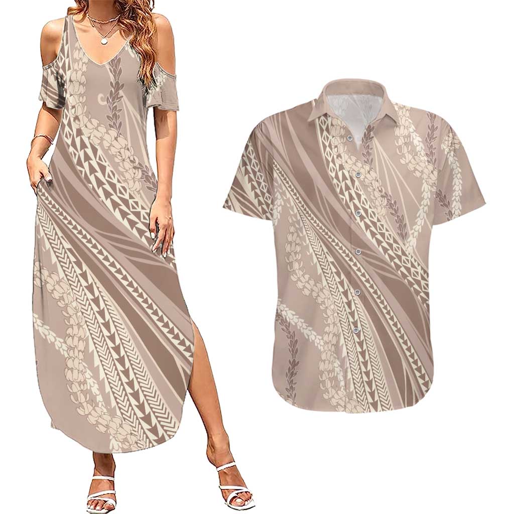Polynesian Puakeniken Pikake Twisted Lei Couples Matching Summer Maxi Dress and Hawaiian Shirt Beige - Polynesian Pride