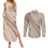 Polynesian Puakeniken Pikake Twisted Lei Couples Matching Summer Maxi Dress and Long Sleeve Button Shirt Beige LT7 Beige - Polynesian Pride