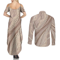 Polynesian Puakeniken Pikake Twisted Lei Couples Matching Summer Maxi Dress and Long Sleeve Button Shirt Beige LT7 - Polynesian Pride