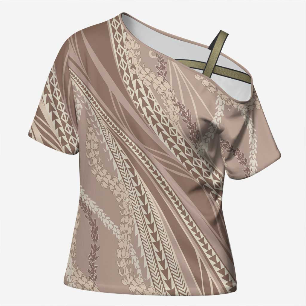 Polynesian Puakeniken Pikake Twisted Lei Cross Shoulder Shirt Beige - Polynesian Pride