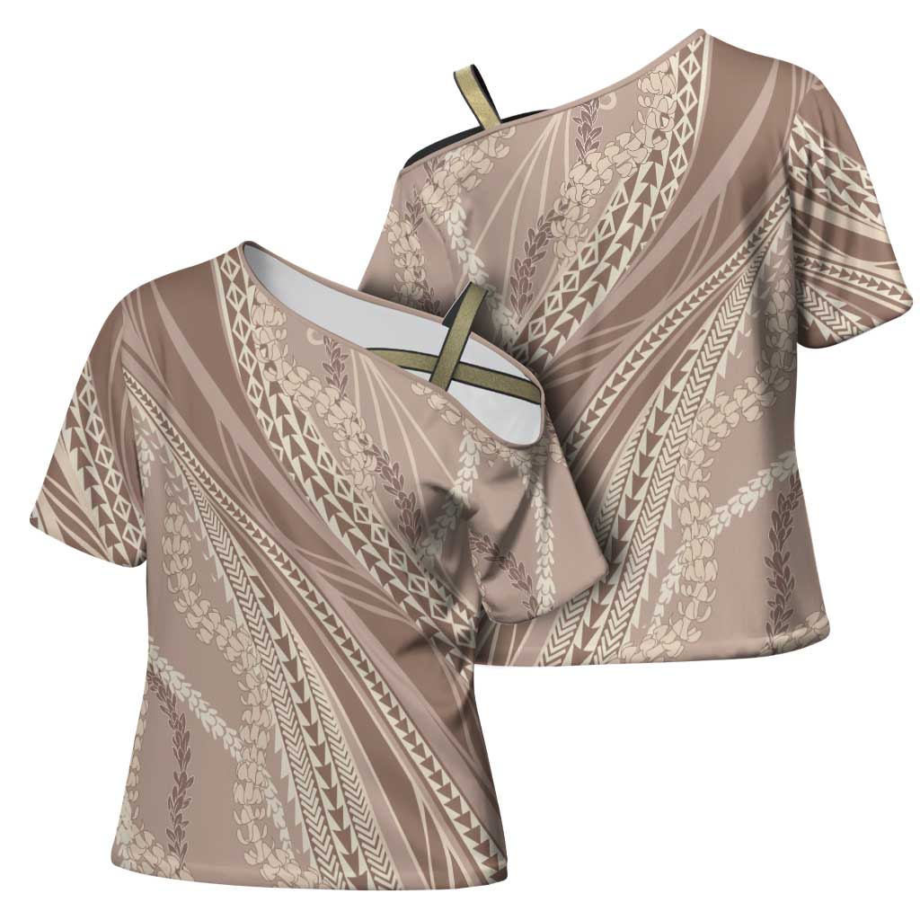 Polynesian Puakeniken Pikake Twisted Lei Cross Shoulder Shirt Beige - Polynesian Pride