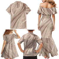 Polynesian Puakeniken Pikake Twisted Lei Family Matching Mermaid Dress and Hawaiian Shirt Beige - Polynesian Pride