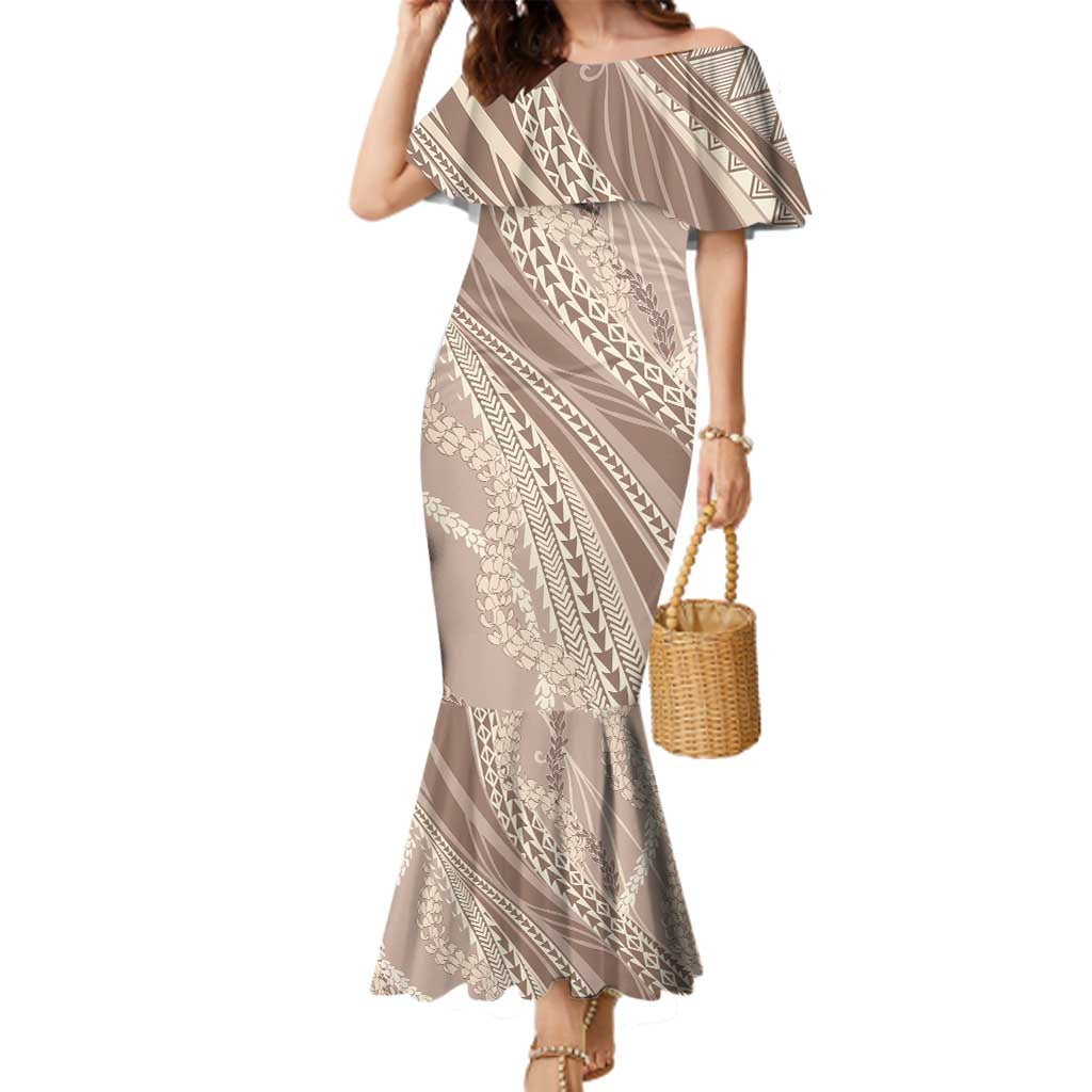 Polynesian Puakeniken Pikake Twisted Lei Family Matching Mermaid Dress and Hawaiian Shirt Beige - Polynesian Pride