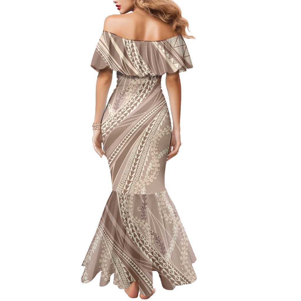 Polynesian Puakeniken Pikake Twisted Lei Family Matching Mermaid Dress and Hawaiian Shirt Beige - Polynesian Pride