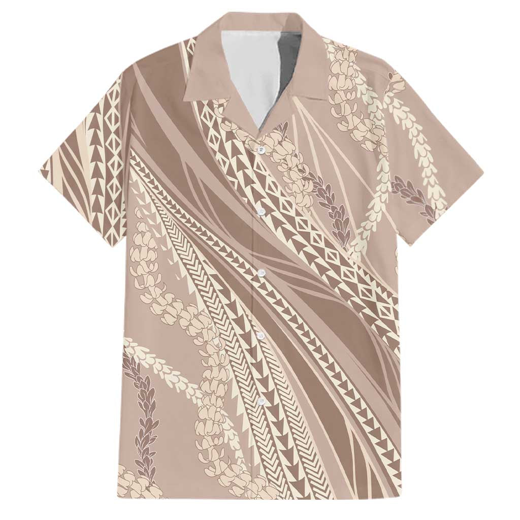 Polynesian Puakeniken Pikake Twisted Lei Family Matching Off The Shoulder Long Sleeve Dress and Hawaiian Shirt Beige - Polynesian Pride