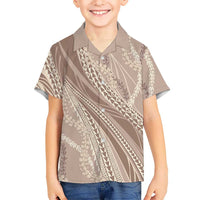 Polynesian Puakeniken Pikake Twisted Lei Family Matching Off The Shoulder Long Sleeve Dress and Hawaiian Shirt Beige - Polynesian Pride