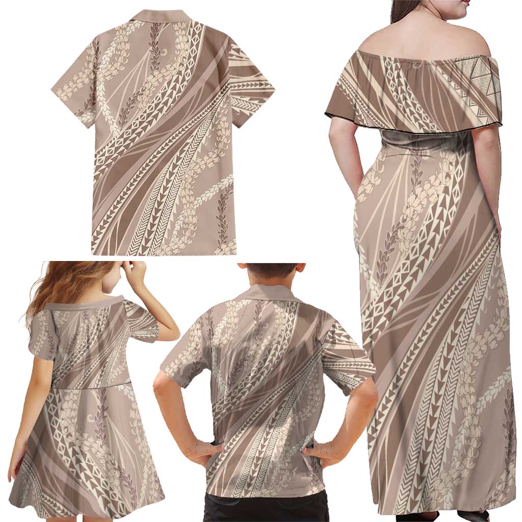 Polynesian Puakeniken Pikake Twisted Lei Family Matching Off Shoulder Maxi Dress and Hawaiian Shirt Beige - Polynesian Pride