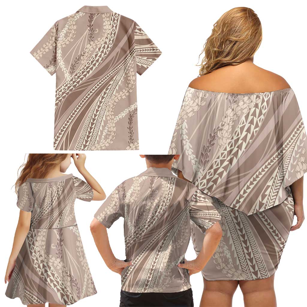 Polynesian Puakeniken Pikake Twisted Lei Family Matching Off Shoulder Short Dress and Hawaiian Shirt Beige - Polynesian Pride