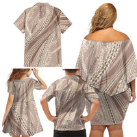 Polynesian Puakeniken Pikake Twisted Lei Family Matching Off Shoulder Short Dress and Hawaiian Shirt Beige - Polynesian Pride