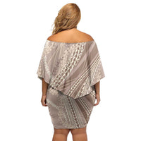 Polynesian Puakeniken Pikake Twisted Lei Family Matching Off Shoulder Short Dress and Hawaiian Shirt Beige - Polynesian Pride