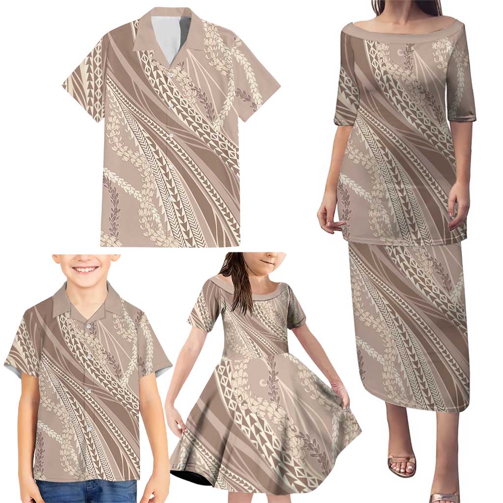 Polynesian Puakeniken Pikake Twisted Lei Family Matching Puletasi and Hawaiian Shirt Beige - Polynesian Pride