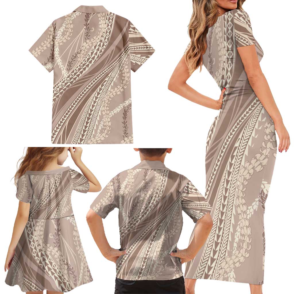 Polynesian Puakeniken Pikake Twisted Lei Family Matching Short Sleeve Bodycon Dress and Hawaiian Shirt Beige - Polynesian Pride