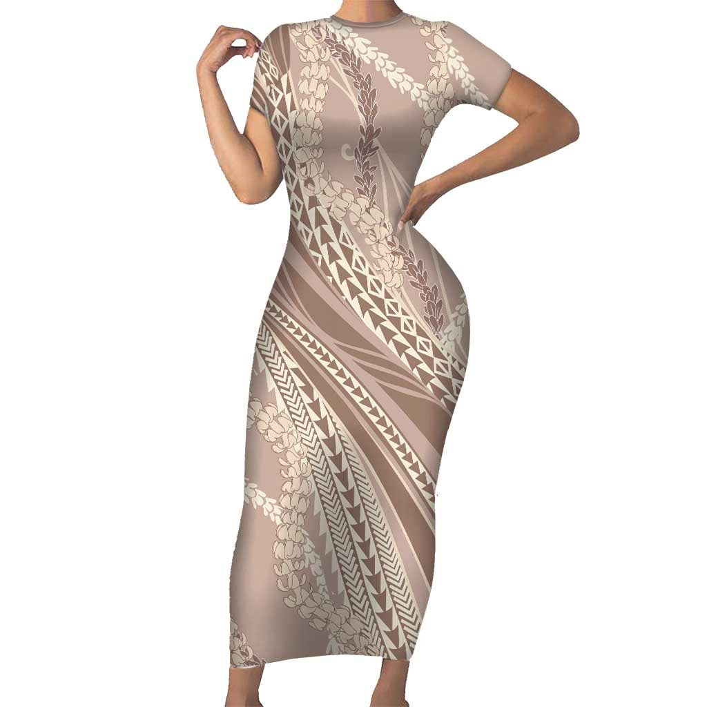Polynesian Puakeniken Pikake Twisted Lei Family Matching Short Sleeve Bodycon Dress and Hawaiian Shirt Beige - Polynesian Pride