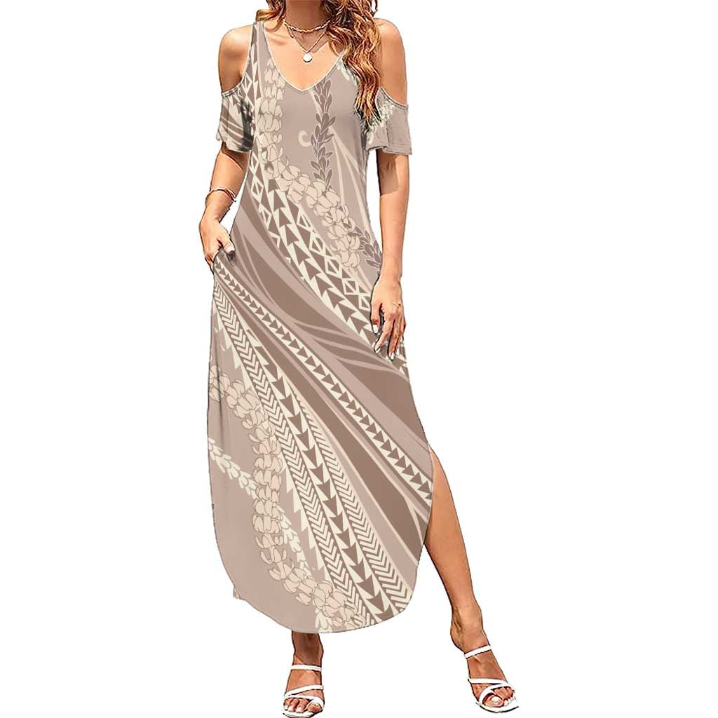 Polynesian Puakeniken Pikake Twisted Lei Family Matching Summer Maxi Dress and Hawaiian Shirt Beige - Polynesian Pride