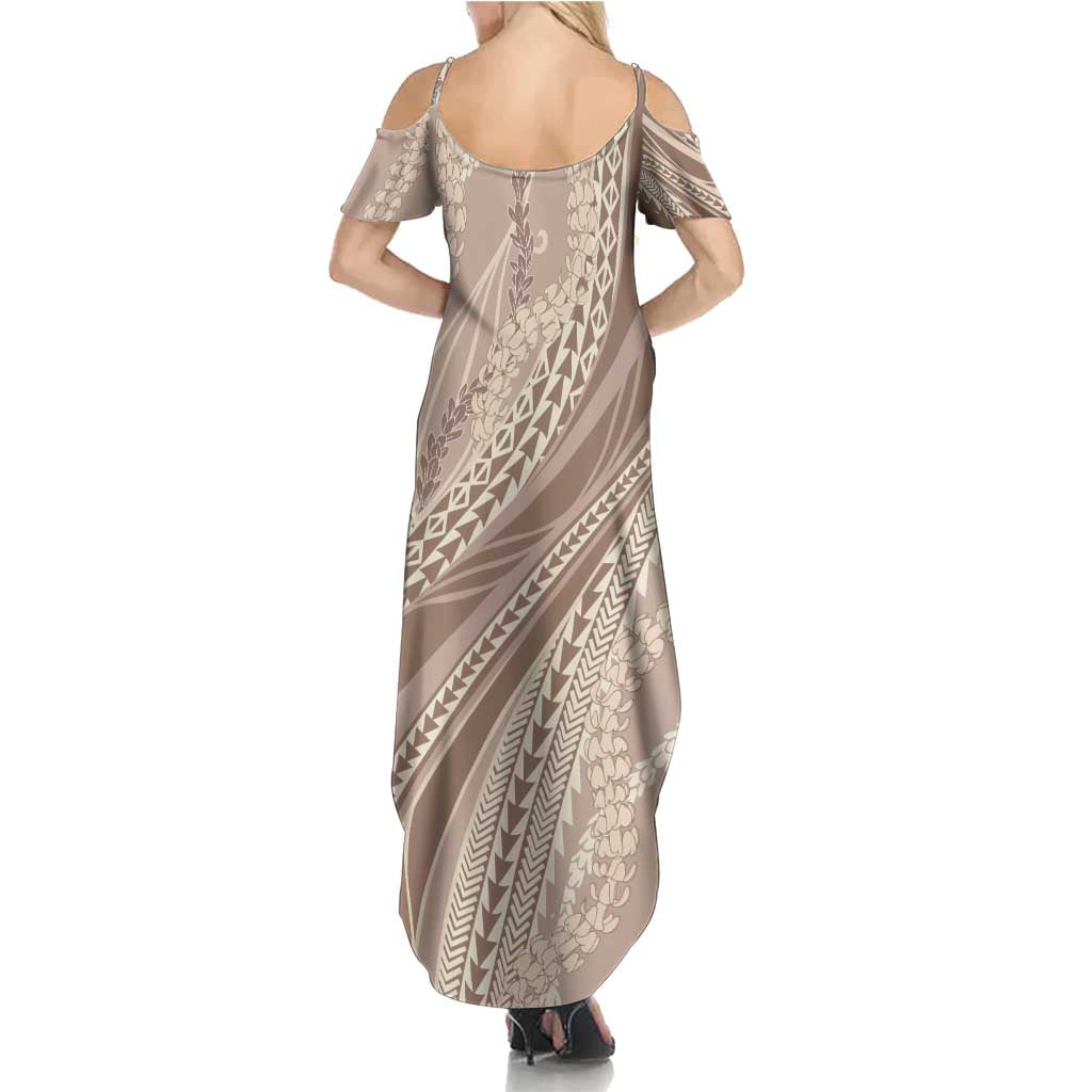 Polynesian Puakeniken Pikake Twisted Lei Family Matching Summer Maxi Dress and Hawaiian Shirt Beige - Polynesian Pride
