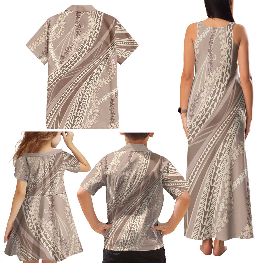 Polynesian Puakeniken Pikake Twisted Lei Family Matching Tank Maxi Dress and Hawaiian Shirt Beige - Polynesian Pride