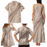 Polynesian Puakeniken Pikake Twisted Lei Family Matching Tank Maxi Dress and Hawaiian Shirt Beige - Polynesian Pride