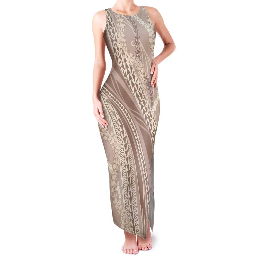 Polynesian Puakeniken Pikake Twisted Lei Family Matching Tank Maxi Dress and Hawaiian Shirt Beige - Polynesian Pride