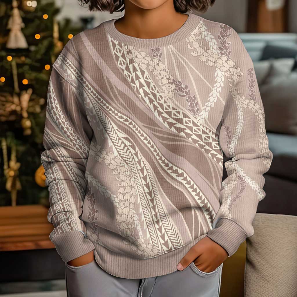 Polynesian Puakeniken Pikake Twisted Lei Kid Ugly Christmas Sweater Beige - Polynesian Pride