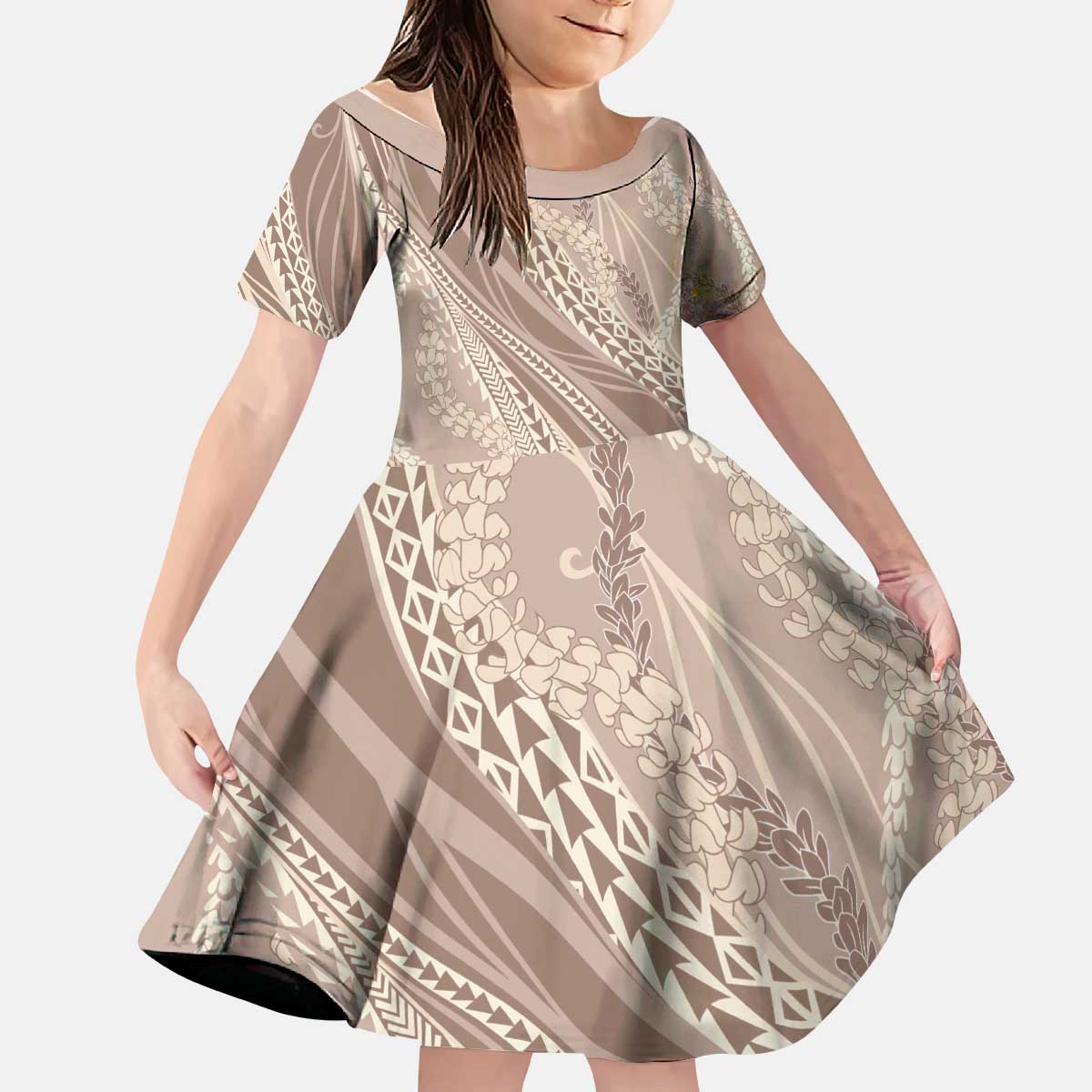 Polynesian Puakeniken Pikake Twisted Lei Kid Short Sleeve Dress Beige - Polynesian Pride
