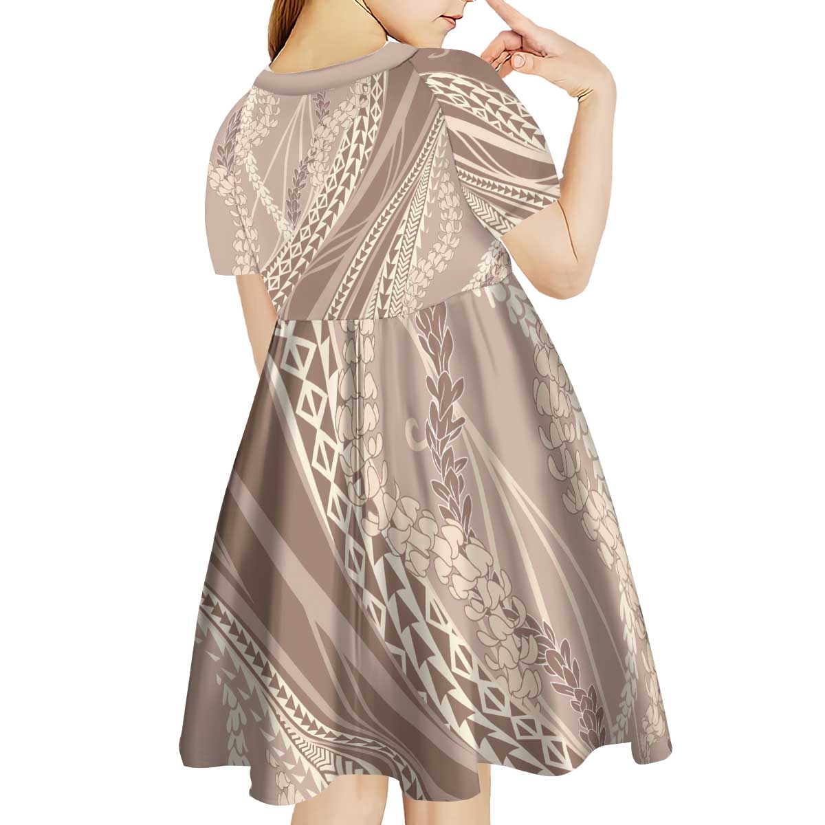 Polynesian Puakeniken Pikake Twisted Lei Kid Short Sleeve Dress Beige - Polynesian Pride