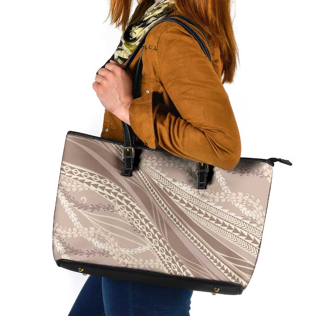 Polynesian Puakeniken Pikake Twisted Lei Leather Tote Bag Beige - Polynesian Pride