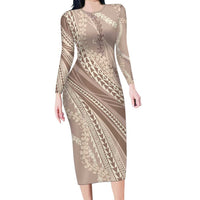 Polynesian Puakeniken Pikake Twisted Lei Long Sleeve Bodycon Dress Beige - Polynesian Pride