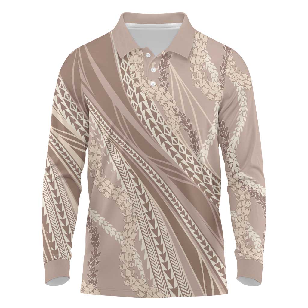 Polynesian Puakeniken Pikake Twisted Lei Long Sleeve Polo Shirt Beige - Polynesian Pride