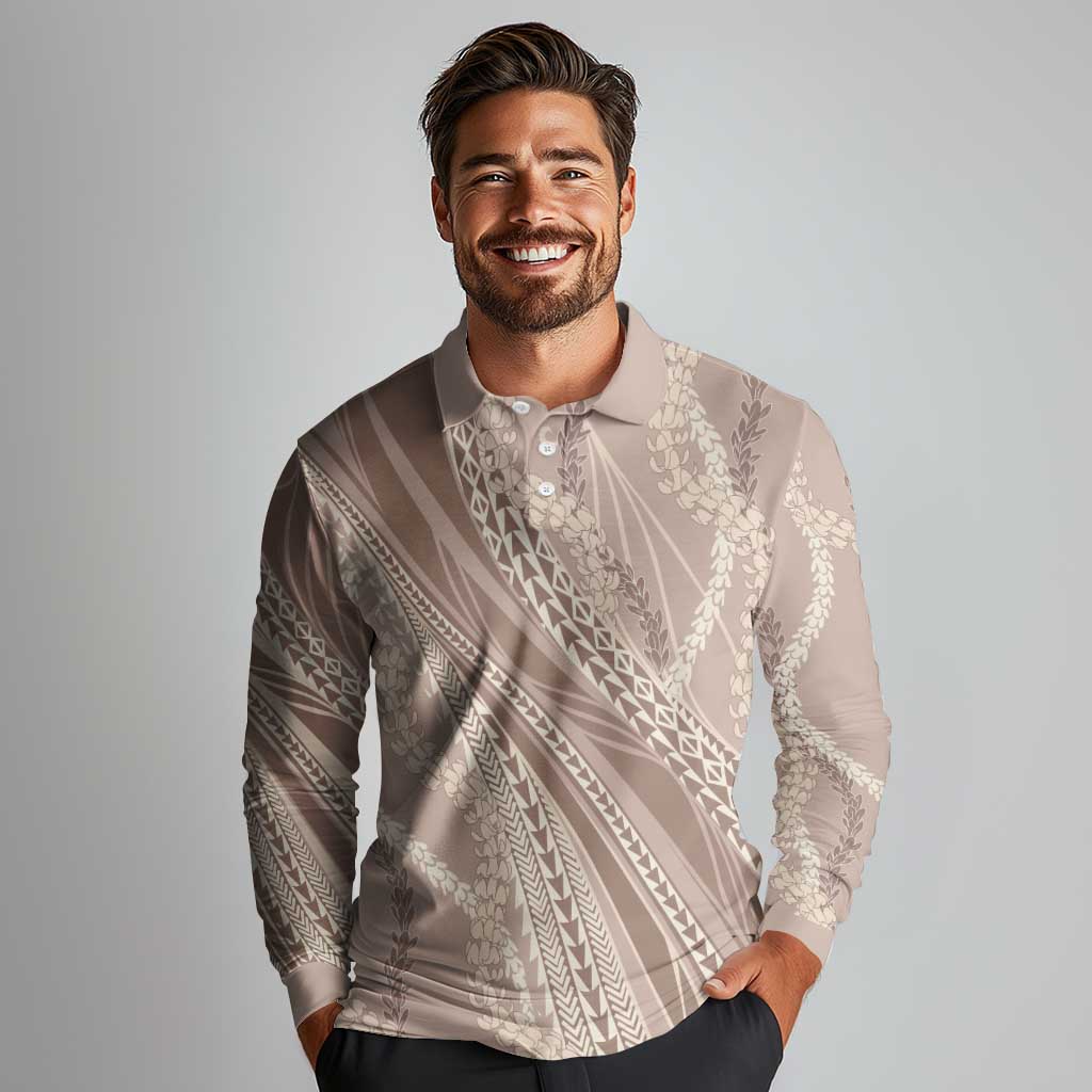 Polynesian Puakeniken Pikake Twisted Lei Long Sleeve Polo Shirt Beige - Polynesian Pride