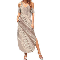 Polynesian Puakeniken Pikake Twisted Lei Summer Maxi Dress Beige - Polynesian Pride